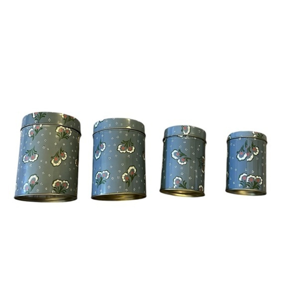 Vintage Set of 4 Floral Nesting Metal Tin Round Containers, Gray Pink & White
